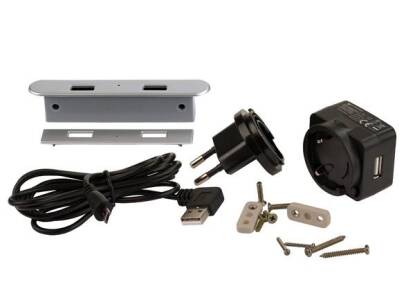 Ładowarka 2x port USB srebrna/wpuszczana/80x18x12mm/komplet z zasilaczem