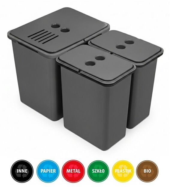 Zestaw koszy MERIL szary Z NAKLEJKAMI I FILTREM 16L+2x8L